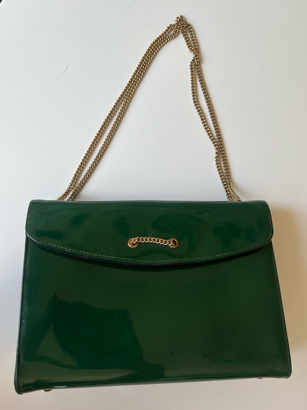 Vintage Patent Emerald Shoulder Bag with Gold Chain Strap